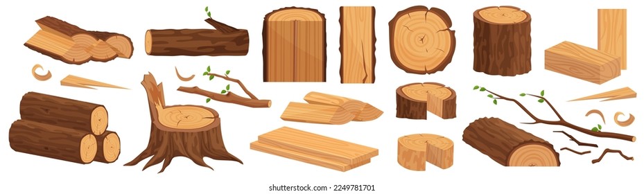 Firewood, trunks stump, planks, forestry and lumber industry cartoon flat vector illustration set