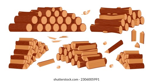 Firewood wooden logs. Cartoon stacked bonfire firewoods, bonfire wooden logs. Wood industry materials flat vector symbols illustration set