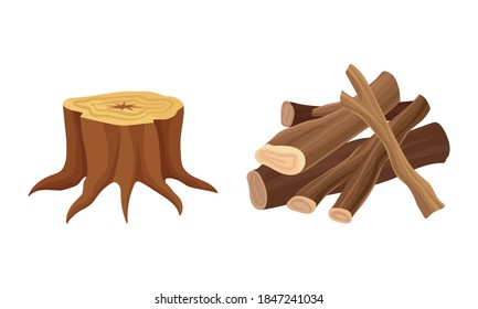 Firewood and Wooden Material Used for Fuel Vector Set