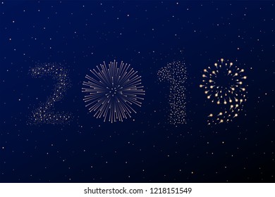 Firework 2019 New year concept on blue night sky background. Christmas card. Congratulations or invitation background. Vector illustration