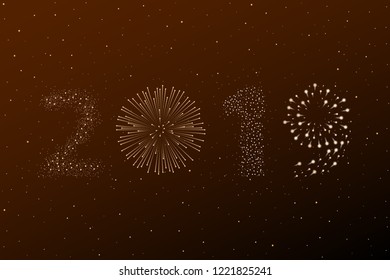 Firework 2019 New year concept on golden night sky background. Christmas card. Congratulations or invitation background. Vector illustration