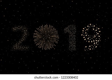 Firework 2019 New year concept on black night sky background. Christmas card. Congratulations or invitation background. Vector illustration