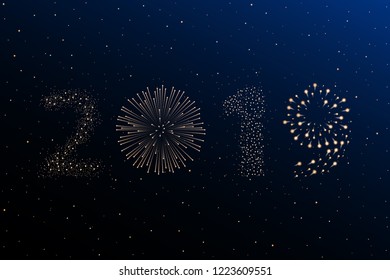 Firework 2019 New year concept on blue night sky background. Christmas card. Congratulations or invitation background. Vector illustration