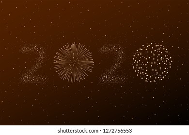 Firework 2020 New year concept on golden night sky background. Christmas card. Congratulations or invitation background. Vector illustration