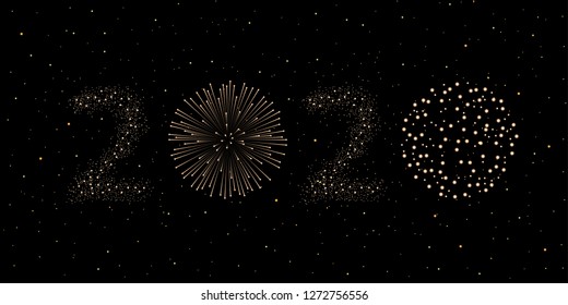 Firework 2020 New year concept on black night sky background. Christmas card. Congratulations or invitation background. Vector illustration