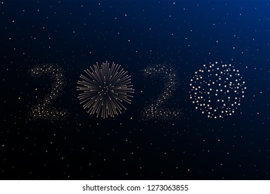 Firework 2020 New year concept on blue night sky background. Christmas card. Congratulations or invitation background. Vector illustration