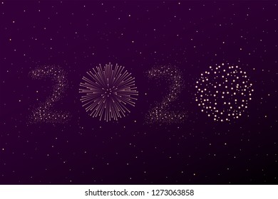 Firework 2020 New year concept on purple night sky background. Christmas card. Congratulations or invitation background. Vector illustration