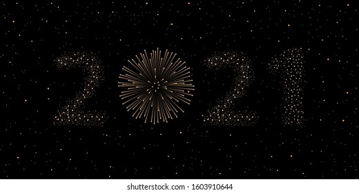 Firework 2021 New year concept on black night sky background. Christmas card. Congratulations or invitation background. Vector illustration