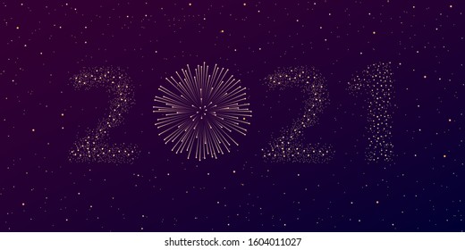 Firework 2021 New year concept on violet and blue ambient night sky background. Christmas card. Congratulations or invitation background. Vector illustration