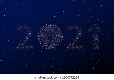 Firework 2021 New year concept on black and blue ambient night sky background. Christmas card. Congratulations or invitation background. Vector illustration