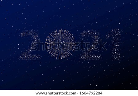 Firework 2021 New year concept on black and blue ambient night sky background. Christmas card. Congratulations or invitation background. Vector illustration