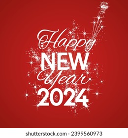 Firework 2024 event Happy New Year stardust and open champagne light white red background vector