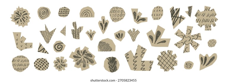 Fuegos artificiales y recortes de papel abstracto con conjunto de textura de crayón. Formas geométricas de collage irregular doodle. Diseño de artesanía de papel moderno de Elementos hechos a mano, Formas de petardos de scrapbook abstracto de Vector.