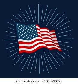 Firework and american flag. Vector color illustration for poster, greeting card and banner independence day. Isolated on dark background.