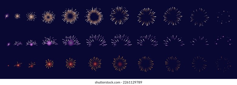 Firework animation. Fireworks sequence set, gathering light particle firecracker explosion effect, christmas holiday burst up 2d, neat vector illustration of animation flash and firework explosion