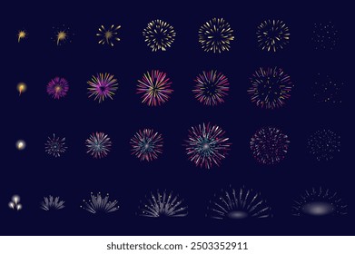 Feuerwerk Animation Mega Set Elemente in flachen Grafik-Design. Bündeln Sie Objekte verschiedener Salutexplosion in Folge Aktion, Glühen pyrotechnischen Burst mit funkelnden Schritt für Schritt. Vektorgrafik.