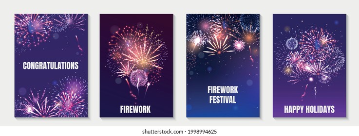 Firework animation realistic poster set with congratulations and festival symbols isolated vector illustration