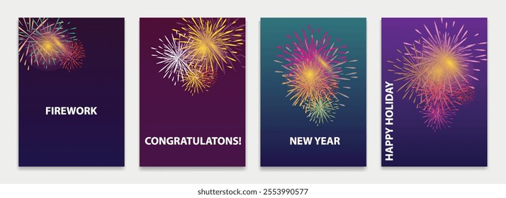 Firework animation realistic poster template set vector illustration design background