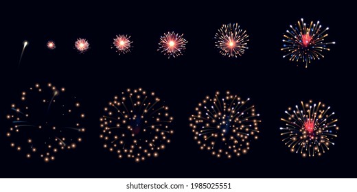 Firework Animation Realistic Set With Celebration Symbols Isolated Vector Illustration