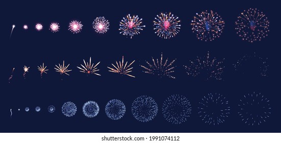 Firework animation realistic set with fun and holiday symbols isolated vector illustration