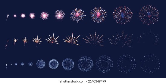 Firework animation realistic set with fun and holiday symbols isolated vector illustration