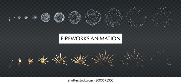 Firework animation transparent realistic set with festival symbols isolated vector illustration