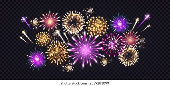 Firework background. Fire anniversary celebrations, festive New Years night birthday party. Event, black sky party lights. Horizontal banner horizontal. Pyrotechnic explosion. Vector celebration