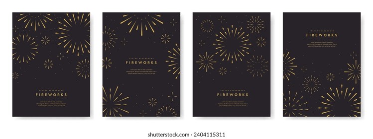 Firework background in night. Happy new year poster set. Congratulation banner, Festival symbol. Holiday celebration design. Modern element template. Minimal simple style. Flat vector illustration.