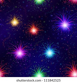 Firework background seamless of various colors on night sky. Pattern for holiday design. Vector eps10, contains transparencies