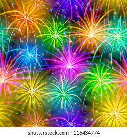 Firework background seamless of various colors. Pattern for holiday design. Vector eps10, contains transparencies