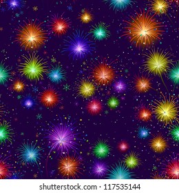 Firework background seamless of various colors on dark night sky. Wallpaper pattern for holiday web design. Vector