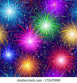 Firework background seamless of various colors. Pattern for holiday design. Vector eps10, contains transparencies