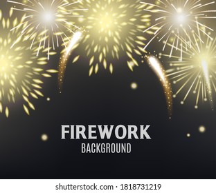 Firework background template with golden lights and sparks explosion element, realistic vector illustration. Celebration and holiday, anniversary colorful backdrop.