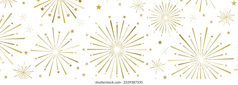 Diseño de Anuncio de fuegos artificiales, celebración de vacaciones en blanco y oro o anuncio de ganador Diseño de concepto de cubierta ancha