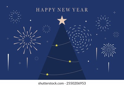 firework banner in night with christmas tree.Editable vector illustration for horizontal design