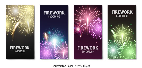 Firework banner set - holiday celebration cards with realistic colorful fireworks explosion and text template. Vertical banner collection- vector illustration