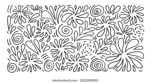 Firework black line hand drawn set. Party firecrackers and splashes in doodle style isolated on white background. Carnival scribble decoration. Vector illustration by pencil and chalk.