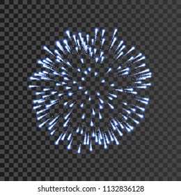 Firework blue bursting isolated transparent background. Beautiful night fire, explosion decoration, holiday, Christmas, New Year. Symbol festival, American 4th july celebration Vector illustration