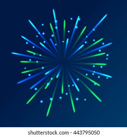 Firework with blue and green rays and stars.