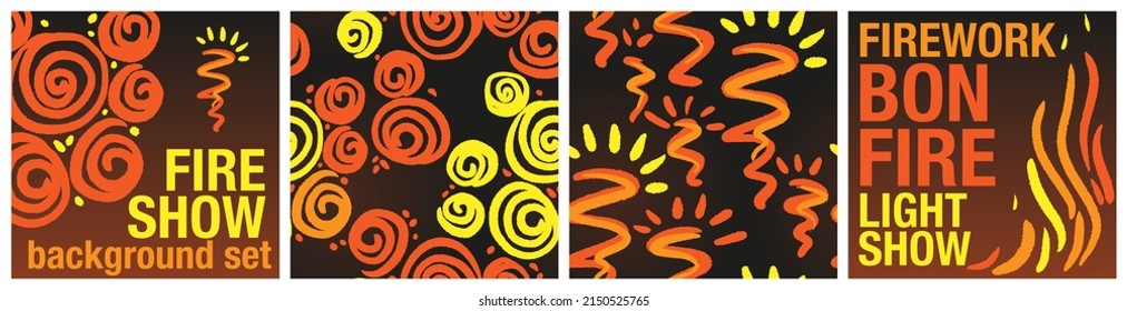 Firework and bonfire abstract background with copy space and seamless pattern set for midsummer, San Juan, Walpurgis, Guy Fawkes, eleventh night party. Colorful fire burst vector graphic.