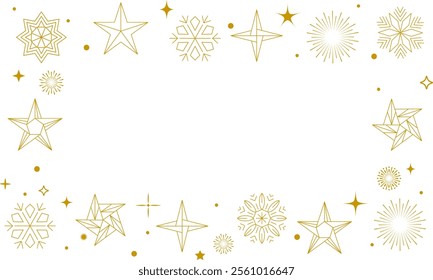 Firework border background, gold fireworks frame with stars and sparkles, firework banner in line art style