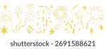 Firework border Chalk hand drawn star blink, firework, glitter silhouette and glowing symbols in sketch style. Doodle border, seamless divider. Confetti grunge simple decoration.