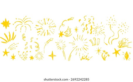 Firework border Chalk hand drawn star blink, firework, glitter silhouette and glowing symbols in sketch style. Doodle border, seamless divider. Confetti grunge simple decoration.