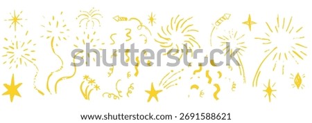Firework border Chalk hand drawn star blink, firework, glitter silhouette and glowing symbols in sketch style. Doodle border, seamless divider. Confetti grunge simple decoration.
