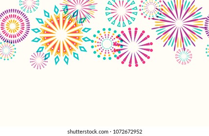 Firework Border Seamless Background. Isolated On White. Vector Illustration