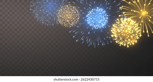 Firework Burst with Bright Blue and Golden Lights on Transparent Background, Perfect for Celebration, Party, Holiday, New Year and Festive Designs. Vector Illustration.