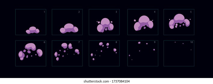 Firework burst explosion animation. Firework explode effect for animation, sprite sheet for game, cartoon or animation burst explosion purple.-vector