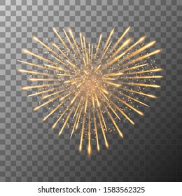 Firework bursting in heart shape. Valentines day vector firework explosion in night. Firecracker rockets bursting in big sparkling stars