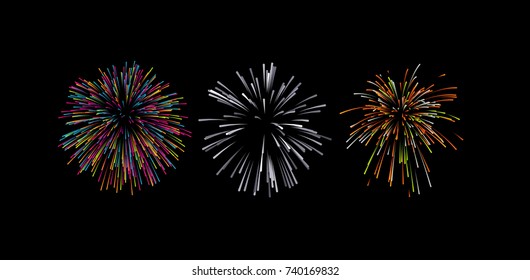 Firework bursting shapes. Vector illustration. Colorful explosions. Decorative elements for holiday design