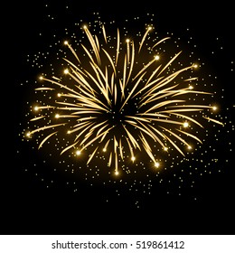 Firework bursting sparkle background. Isolated gold colorful night fire, beautiful explosion for celebration, holiday, Christmas, New Year, birthday. Symbol festive, anniversary Vector illustration